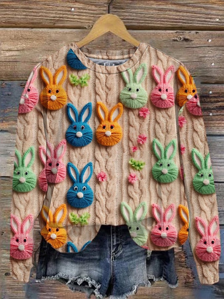 Rabbit Knitted Print Casual Sweatshirt
