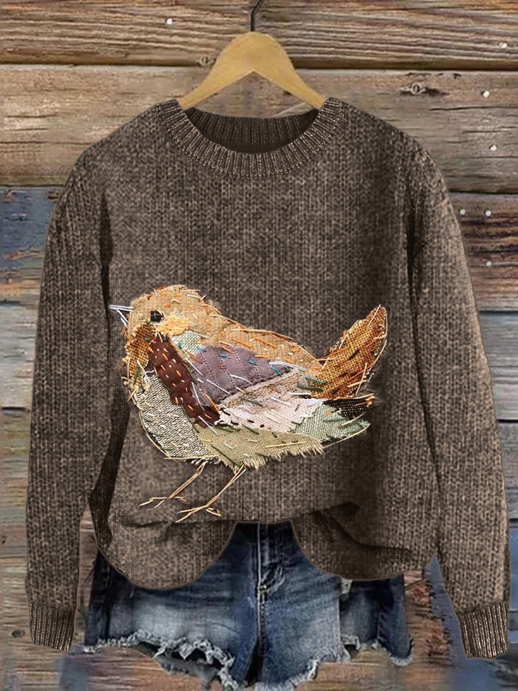 Adorable Birds Textile Art Cozy Knit Sweater