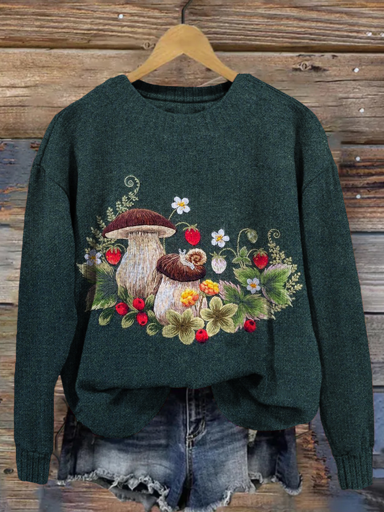 Forest Mushrooms Embroidery Art Cozy Knit Sweater