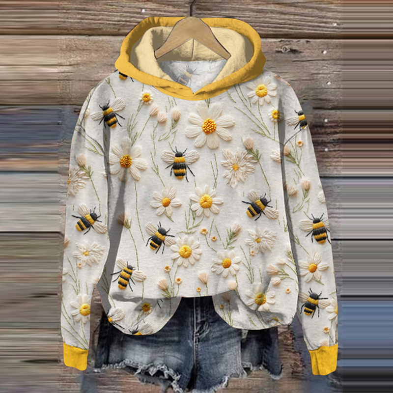 Daisy Bee Embroidery Art Print Casual Hoodie