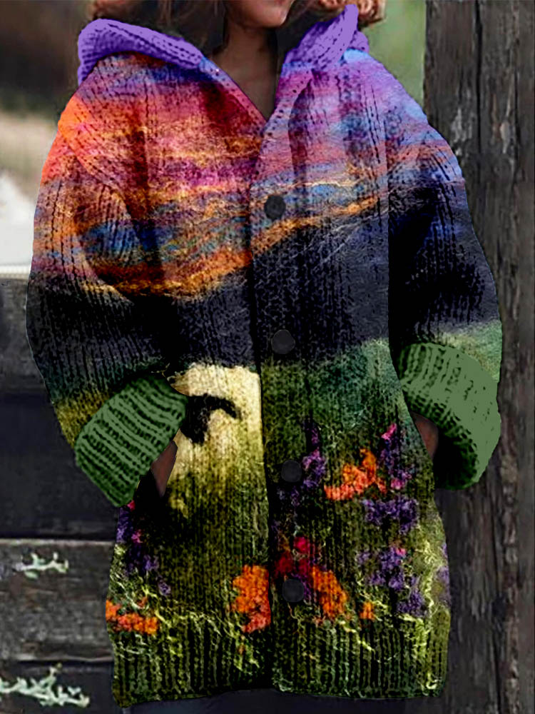 Sheep Grazing Landscape Felted Art Comfy Cardigan