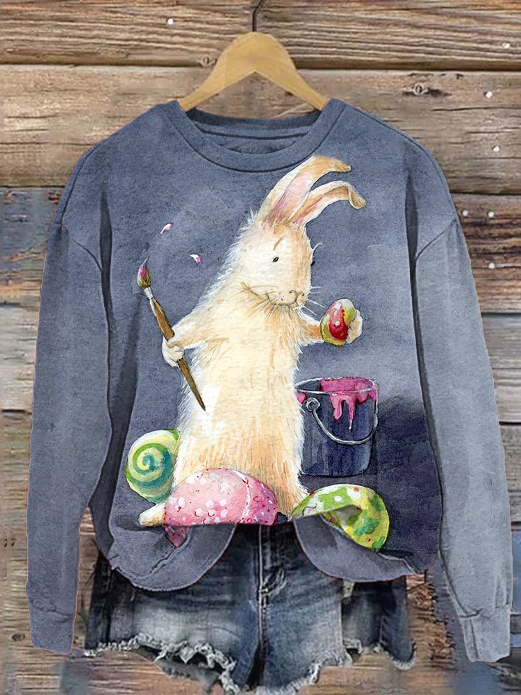 Easter Bunny Egg Print Casual Cozy Sweatshirt