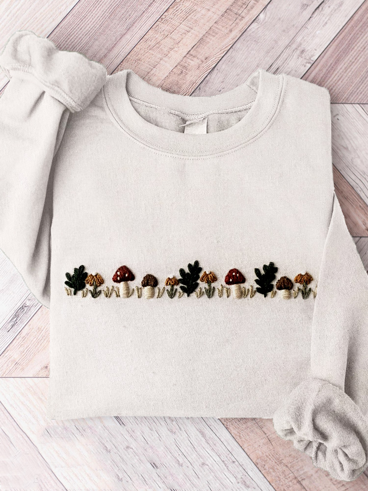 Cute Mushrooms & Flowers Embroidery Comfy Sweatshirt