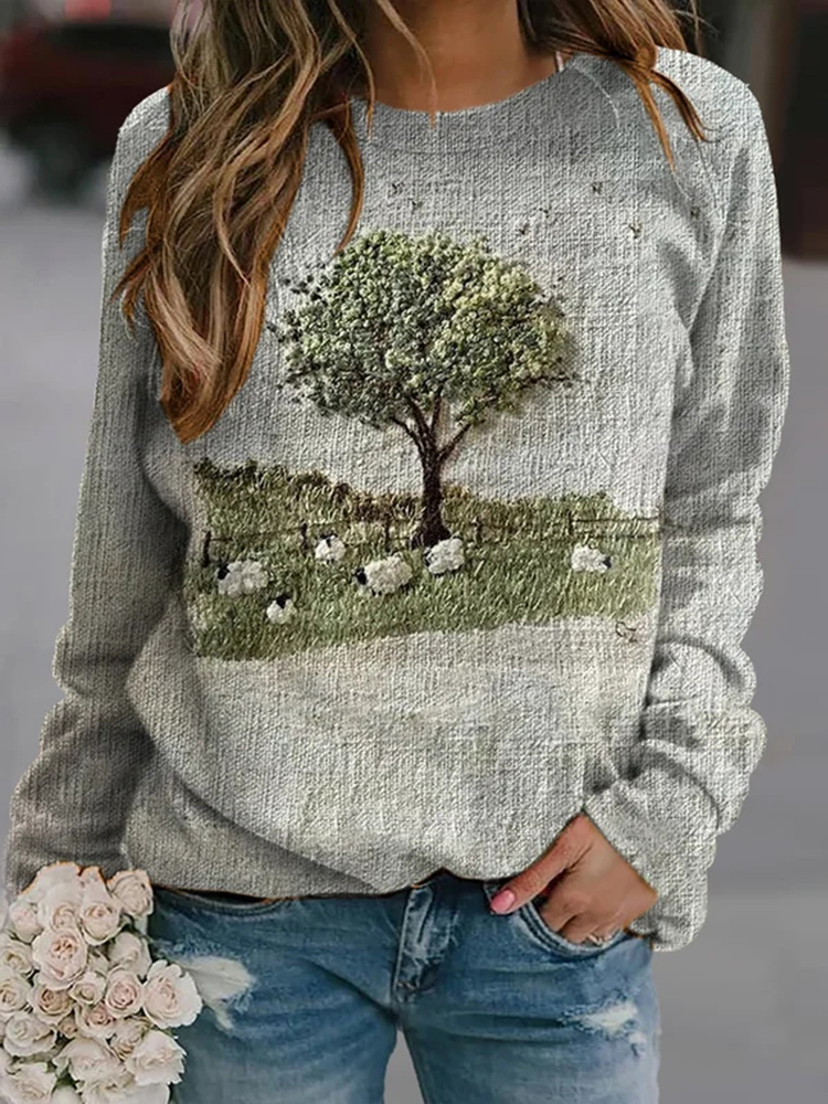 Retro Sheep Tree Meadow Print Sweatshirt
