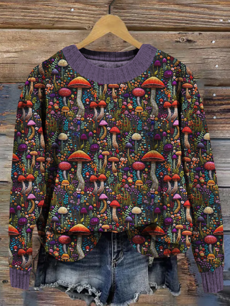 Colorful Mushrooms Embroidery Art Cozy Knit Sweater