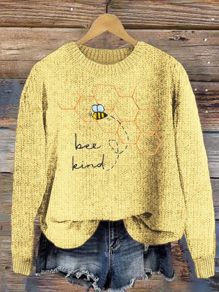 Bee Kind Embroidery Pattern Cozy Knit Sweater