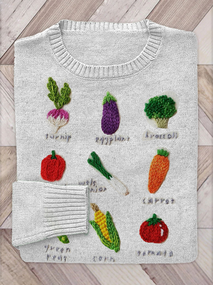Vegetables Embroidery Pattern Cozy Knit Sweater