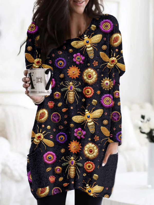 Bees and Flowers Embroidery Art Cozy Knit Tunic