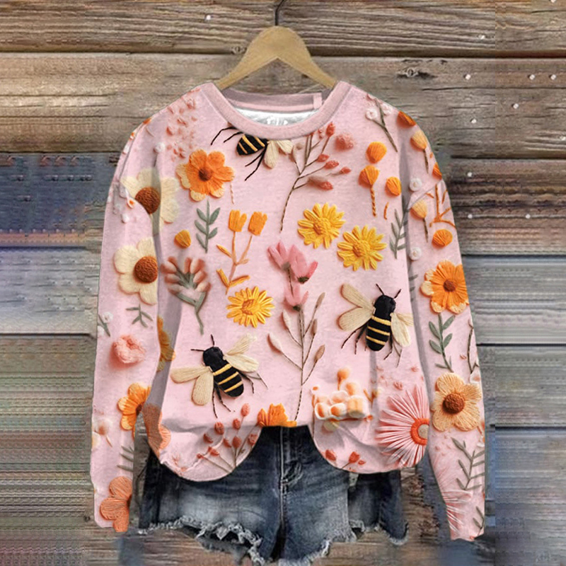 Flower Bee Printed Round Neck Sweatshirt