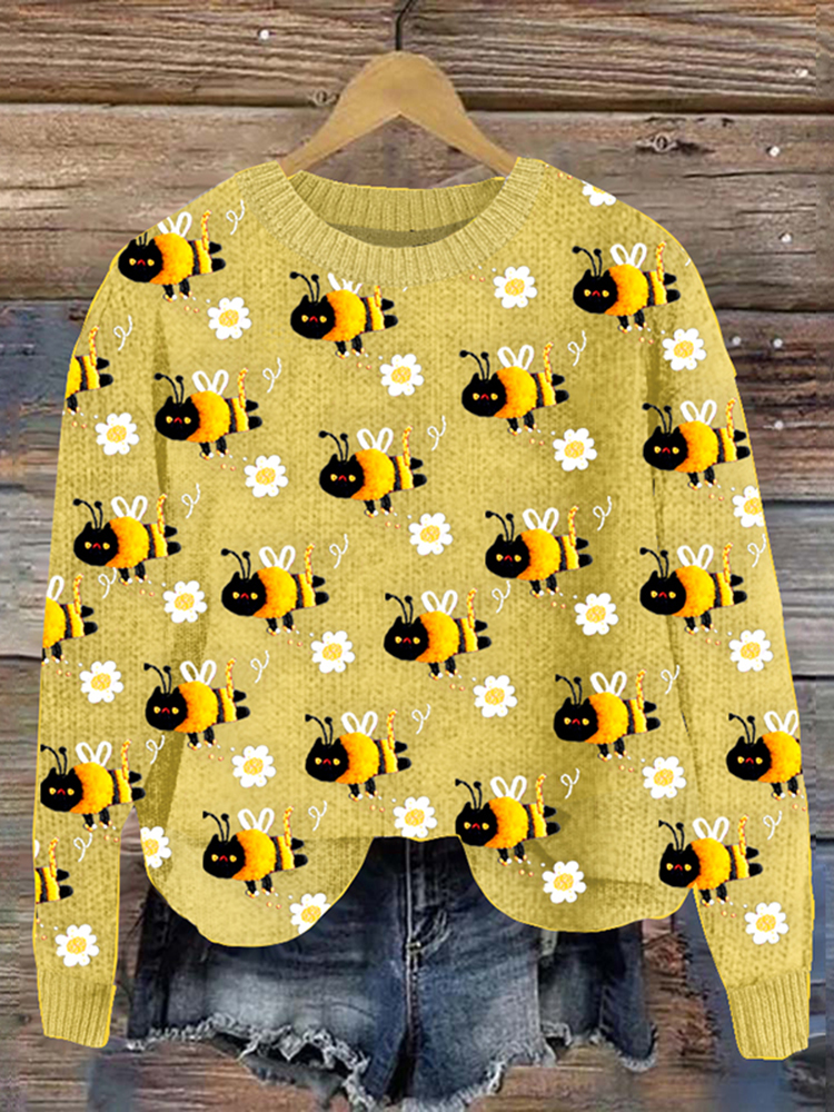 Women'S Funny Cat Bee And Floral Round Neck Casual Sweater