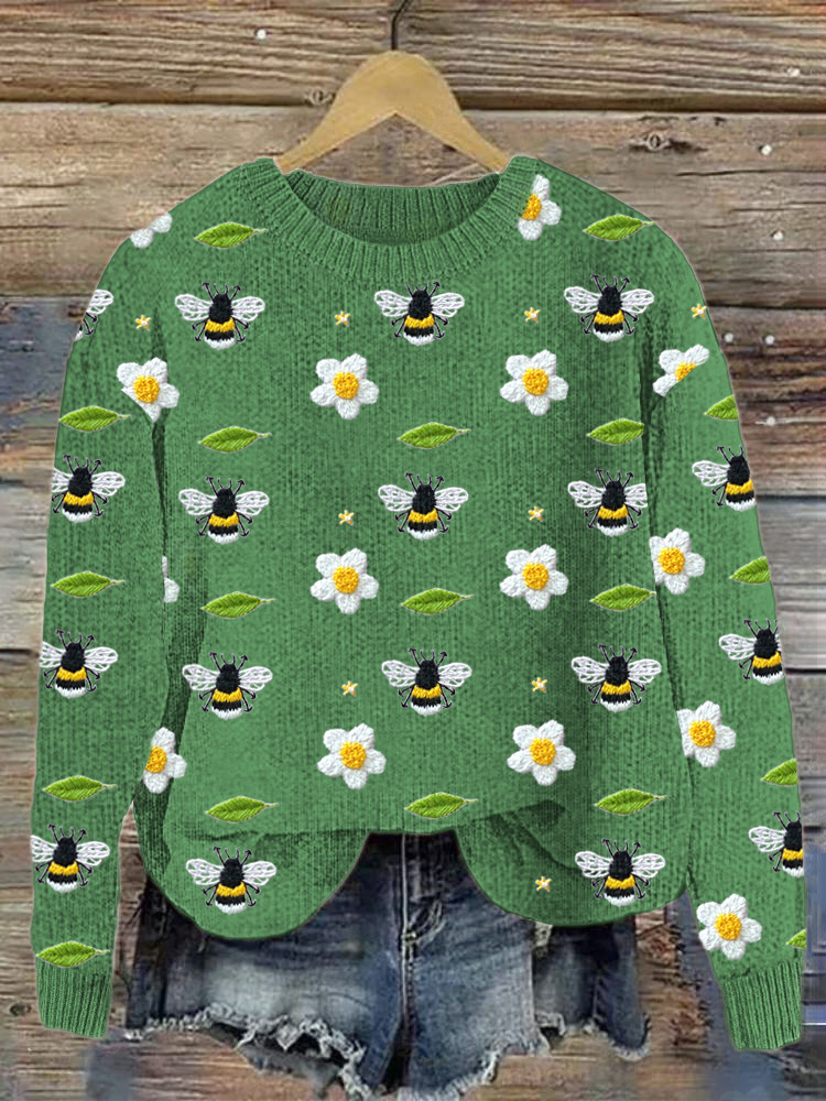 Bees & Flowers Embroidery Art Cozy Knit Sweater