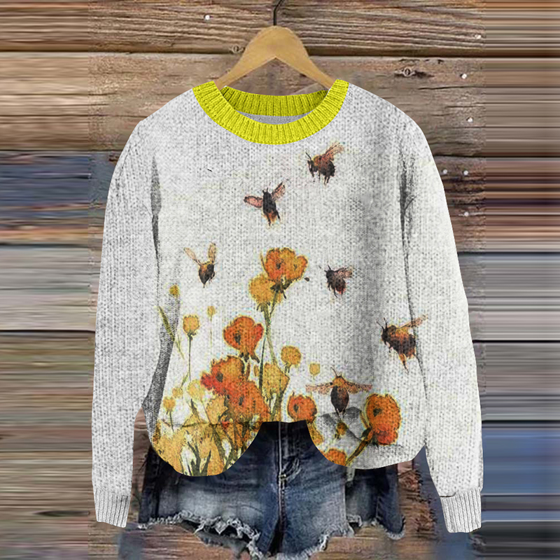Cute Bees Embroidery Pattern Cozy Knit Sweater