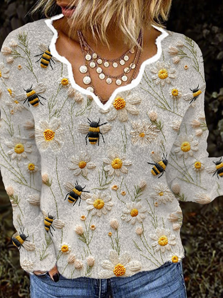 Daisy Bee Embroidery Art Print Knitted Sweater