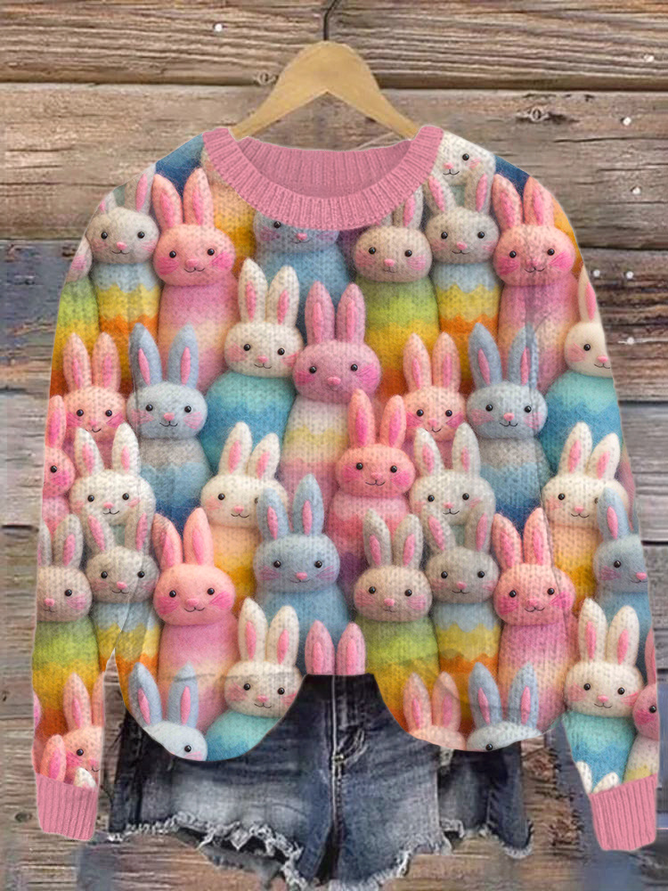 Cute Bunny Felt Art Cozy Knit Sweater