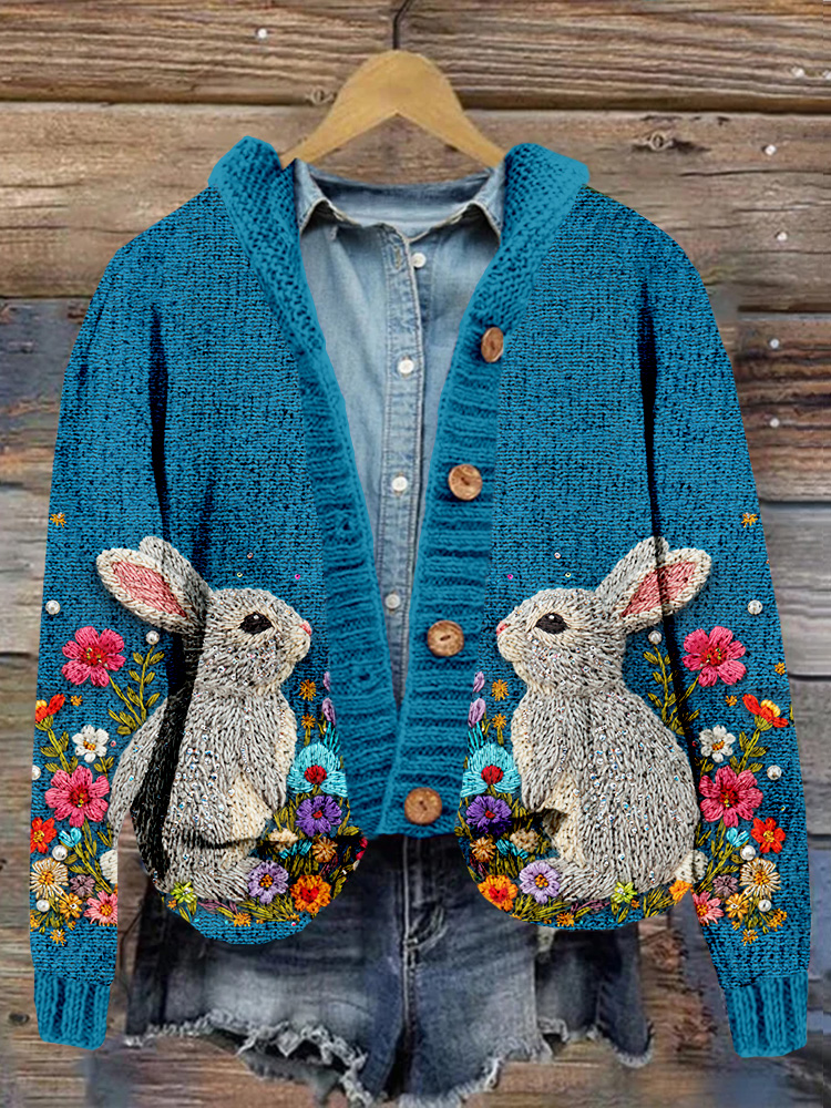 Bright Pastel Knitted Bunny Pattern Cozy Cardigan