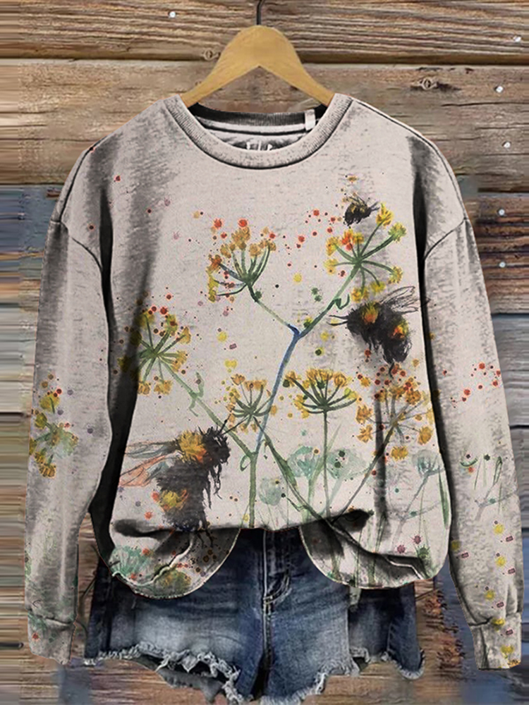 Vintage Floral Cute Bees Print Sweatshirt