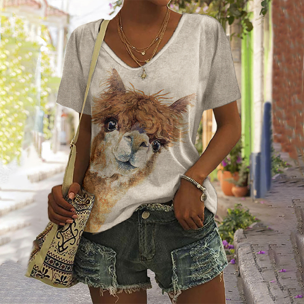 Alpaca Print V-Neck Short Sleeved T-Shirt