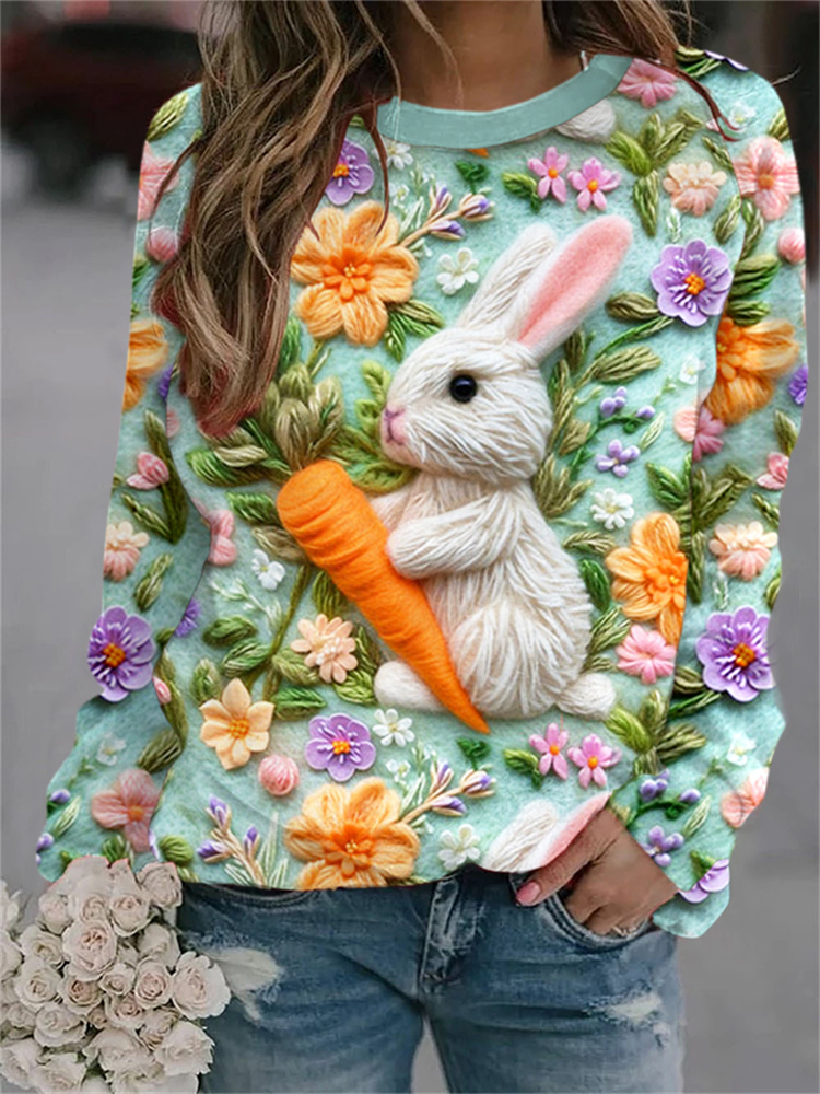 Carrot Bunny Flower Print Crew Neck Sweatshirt