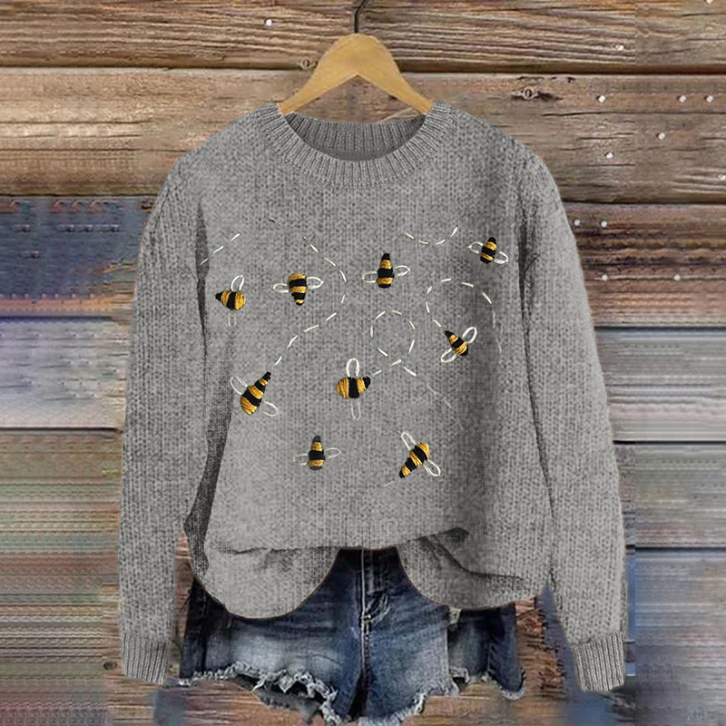 Vintage Bee Embroidery Printed Cozy Knit Sweater