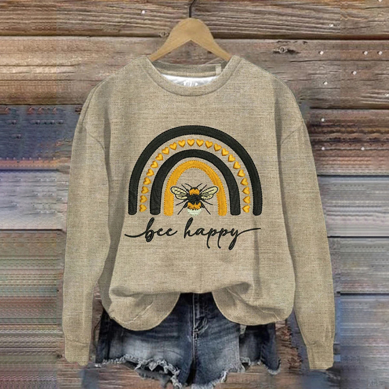 Women's Bee Happy Print Round Neck Sweatshirt
