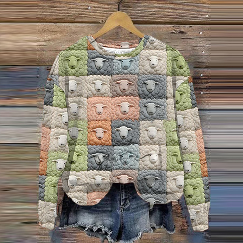 Sheep Print Round Neck Casual Long Sleeve Sweatshirt