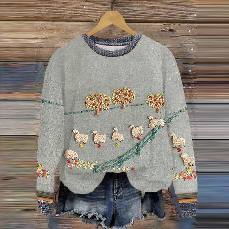 Vintage Counting Sheep Print Casual Sweatshirt