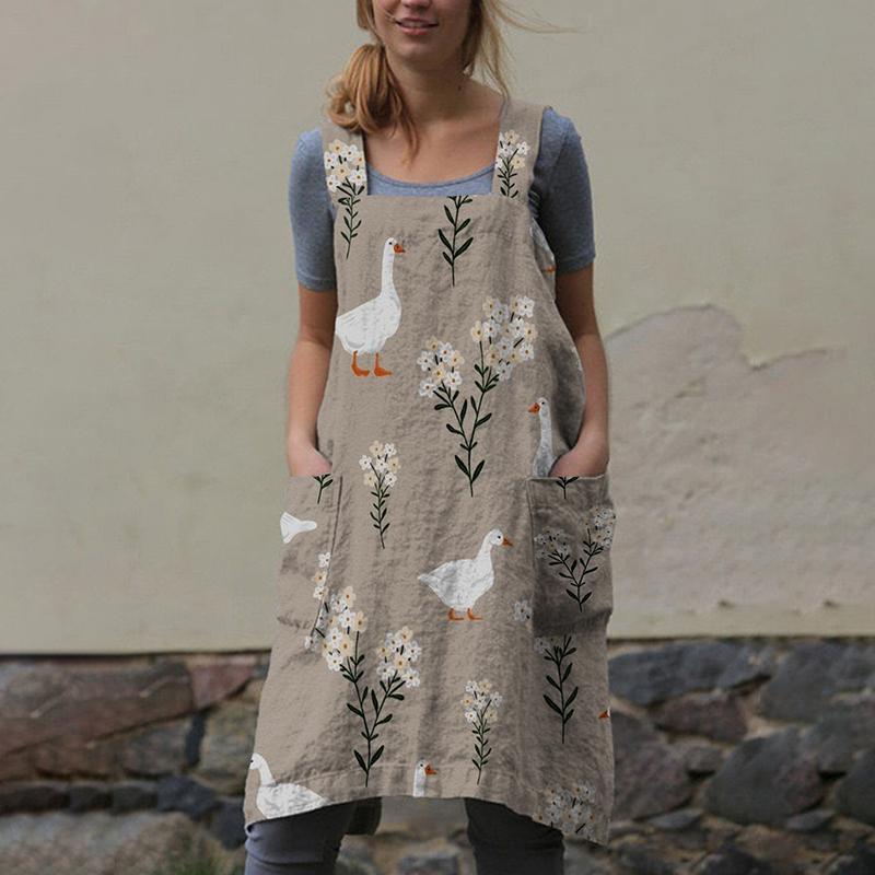 Farm Goose Floral Print Sling Pocket Apron Midi Dress