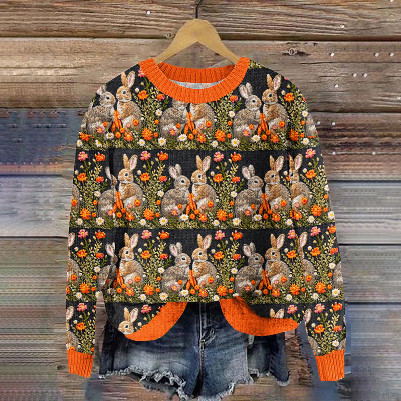 Vintage Rabbit Print Knitted Pullover Sweater