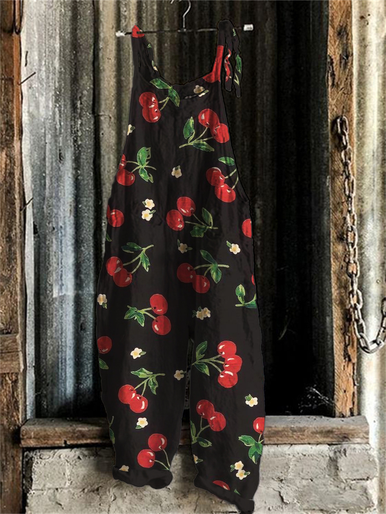 Cottage Cherry Pattern Loose Fit Jumpsuit