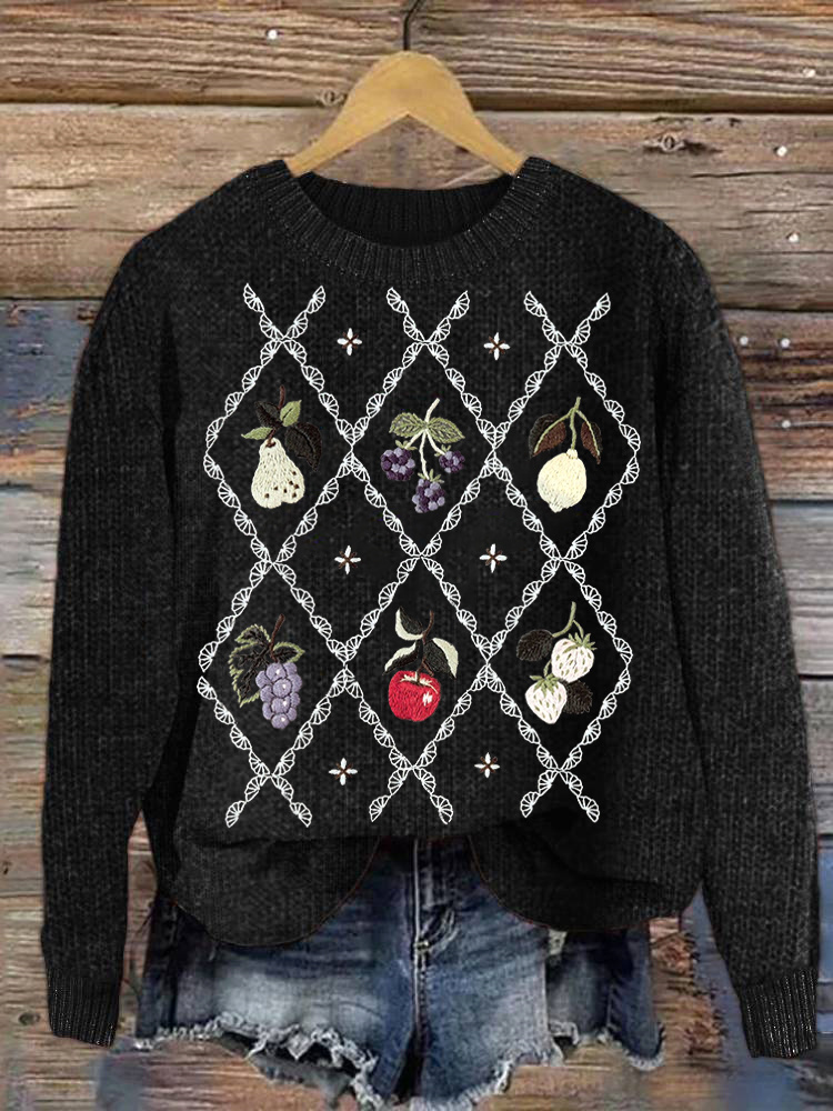 Fruit Embroidered Pattern Lace Cozy Knit Sweater