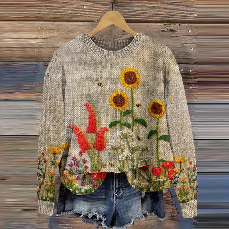 Cottage Garden Sunflower Bees Embroidery Pattern Knit Art Cozy Crew Neck Sweater