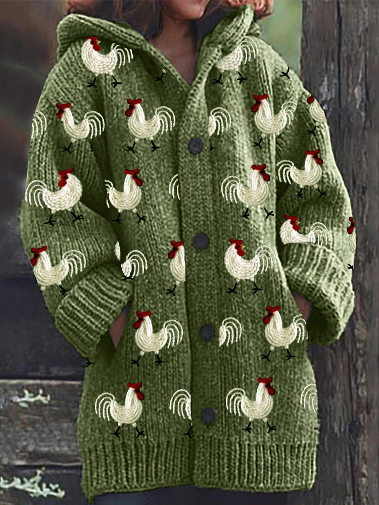Roosters Embroidery Pattern Cozy Knit Hooded Cardigan