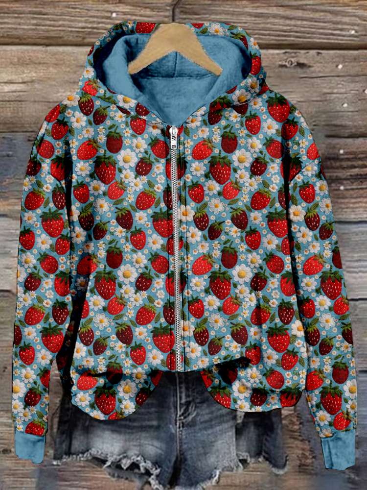 Felt Strawberries and Flowers Embroidery Art Zip Up Comfy Hoodie