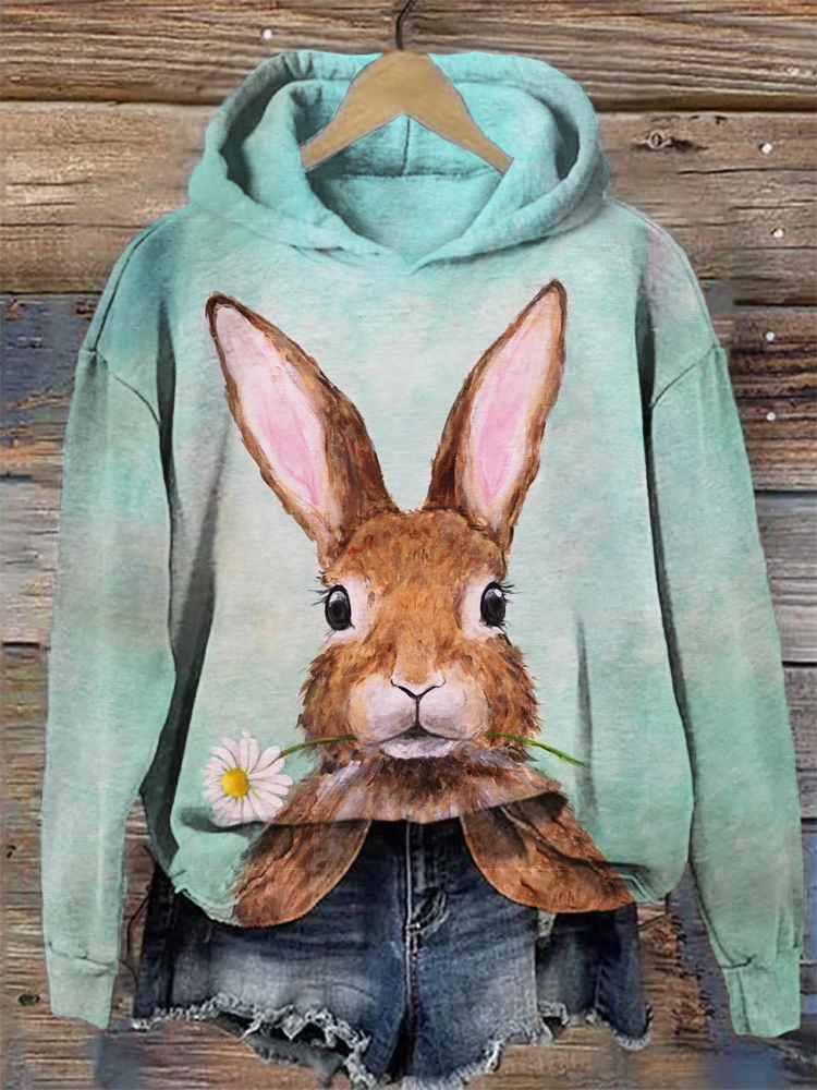 Flower & Bunny Print Hooded Sweatshirt