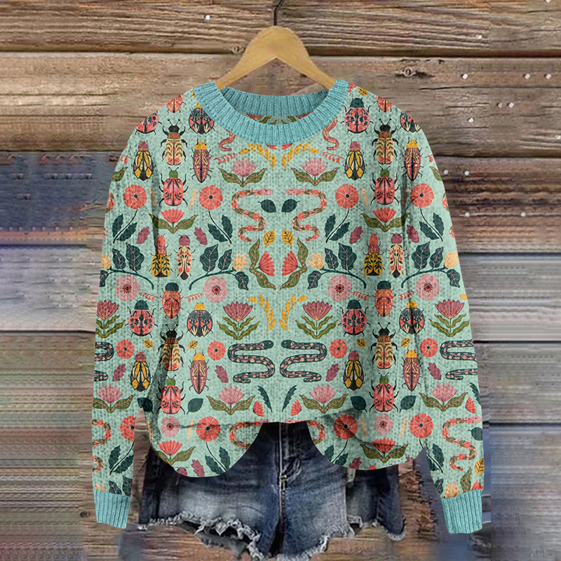 Insect Illustrated Pattern Cozy Knit Sweater