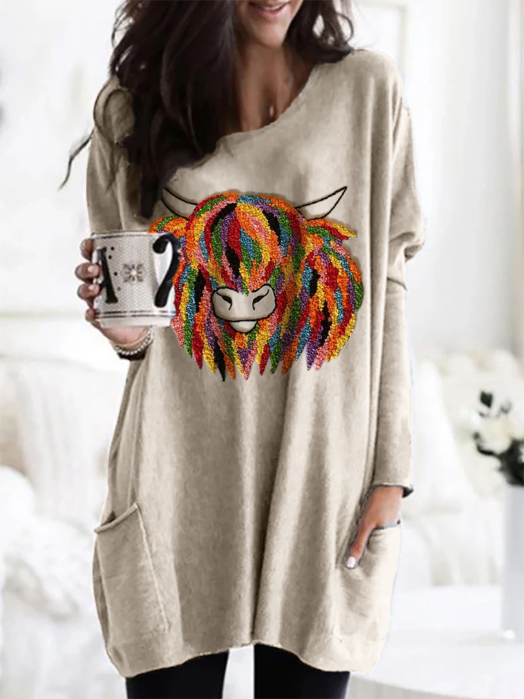 Colorful Highland Cow Embroidery Art Cozy Tunic