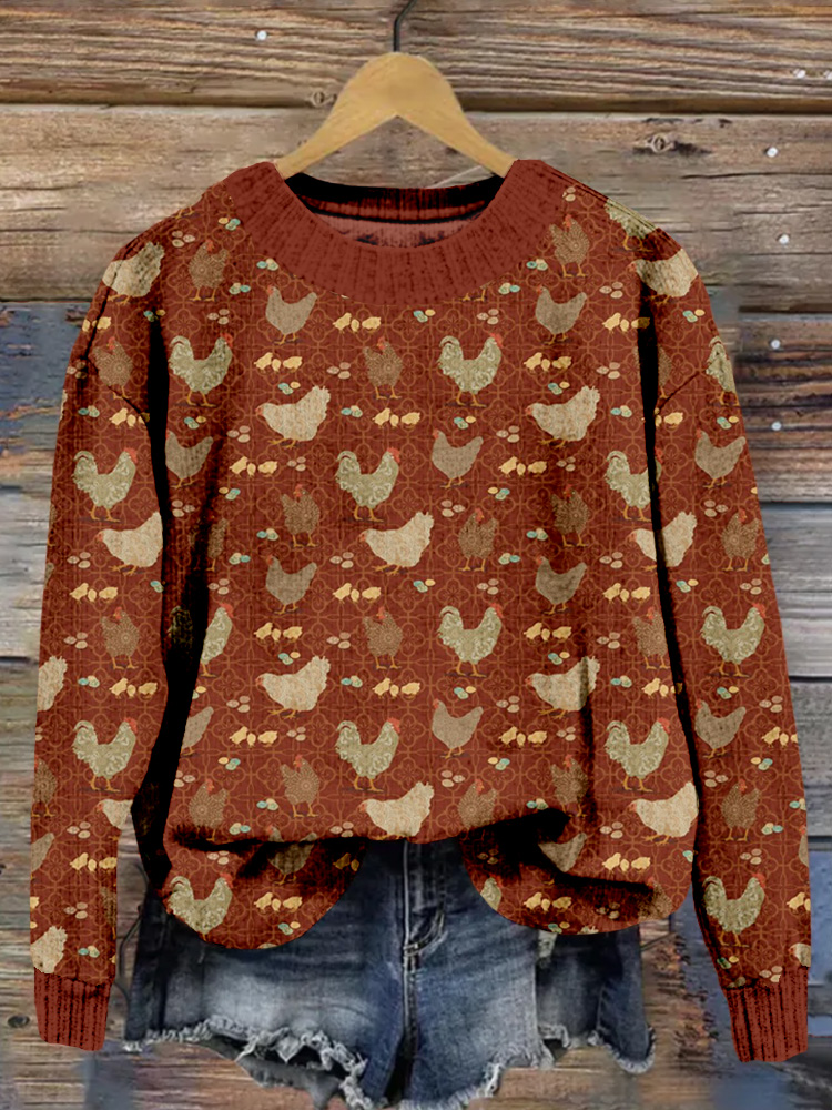 Vintage Hens and Chicks Pattern Cozy Knit Sweater