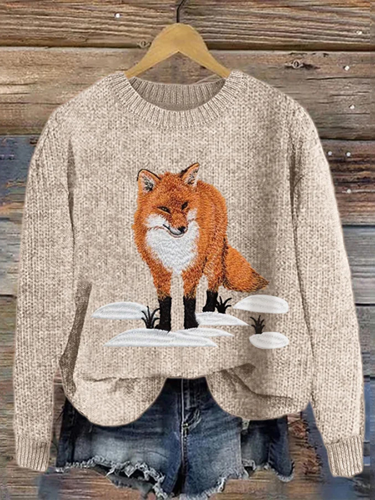 Women's Snow Fox Print Round Neck Cozy Knit Sweater