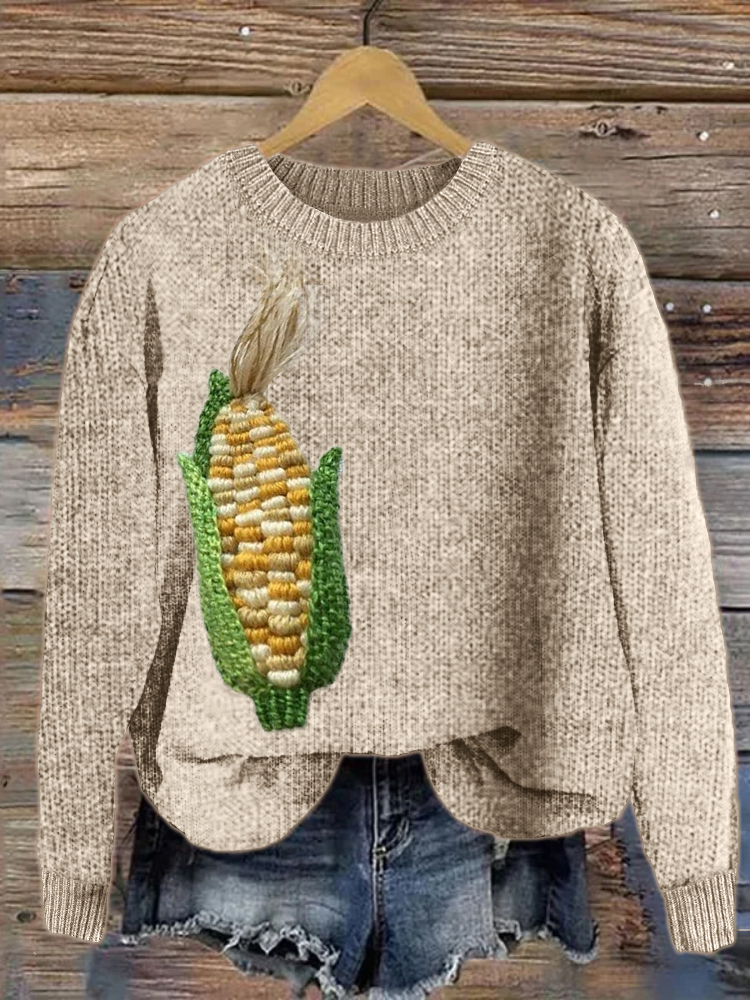 Maize Embroidery Farm Girl Cozy Knit Sweater