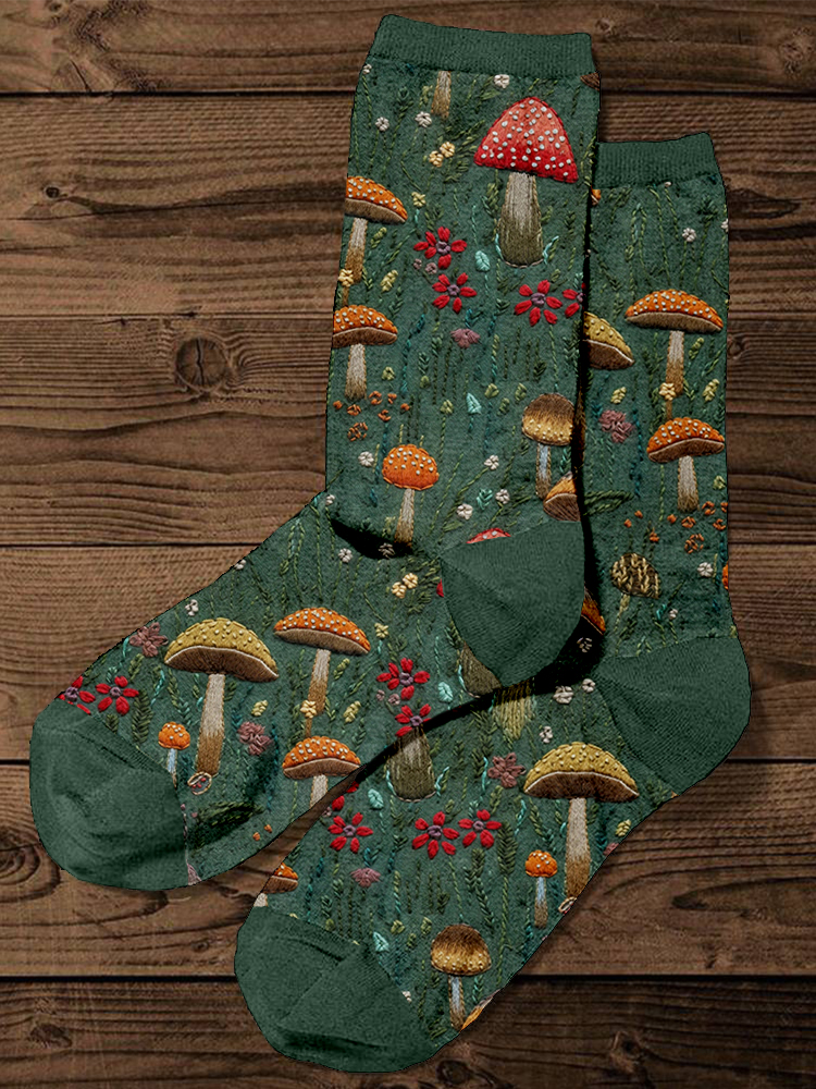 Cute Mushroom Embroidery Art Comfy Socks