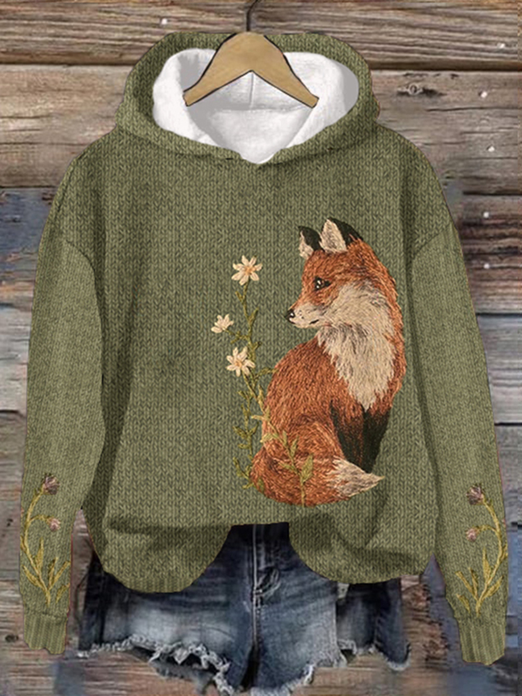 Women's Fox Print Hooded Collar Casual Hoodie