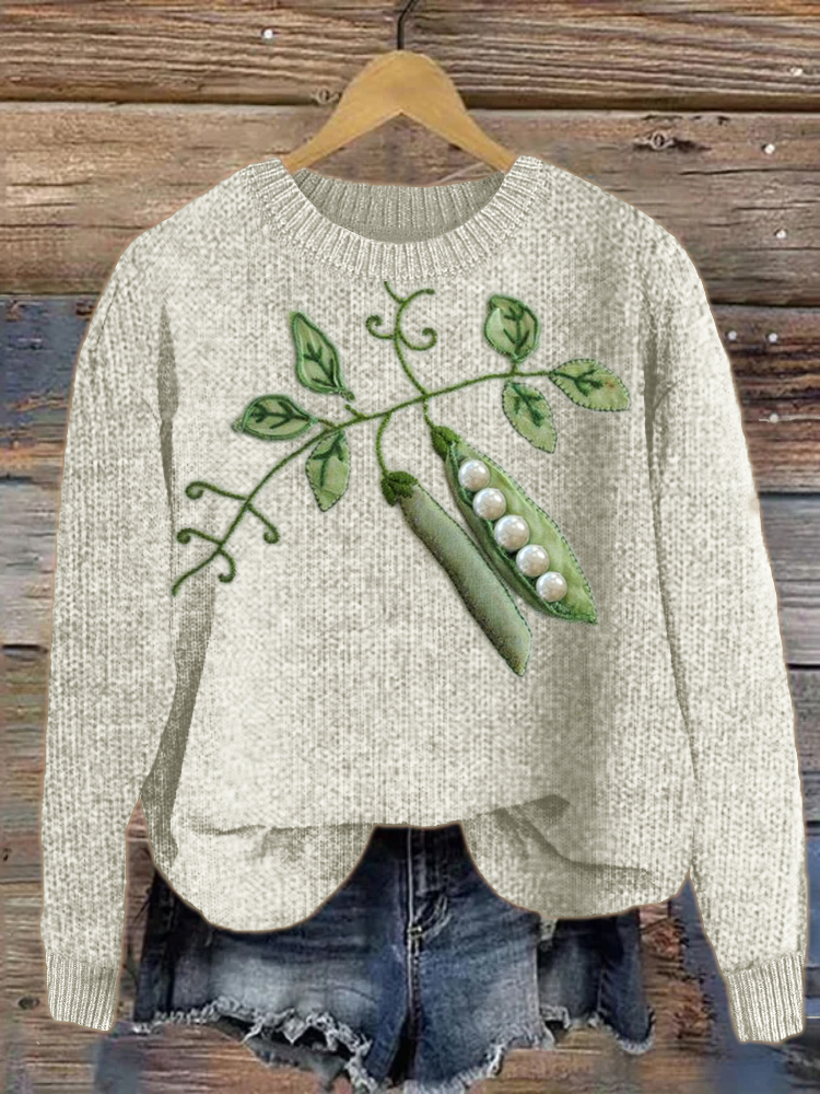Peas Pearl Beaded Embroidery Art Cozy Knit Sweater