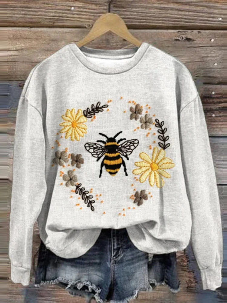 Women's Bee Print Round Neck Sweatshirt