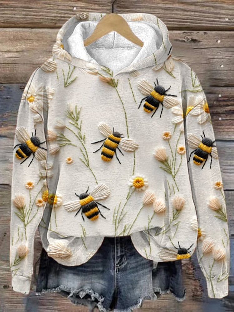 Daisy Bee Embroidery Art Print Casual Hoodie