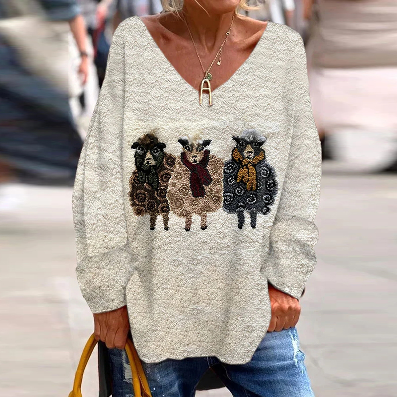 Women's Cute Plush Sheep Pattern Print Casual V-Neck Loose T-Shirt