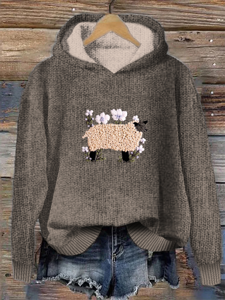 Sheep & Flower Embroidery Pattern Cozy Hooded Sweater