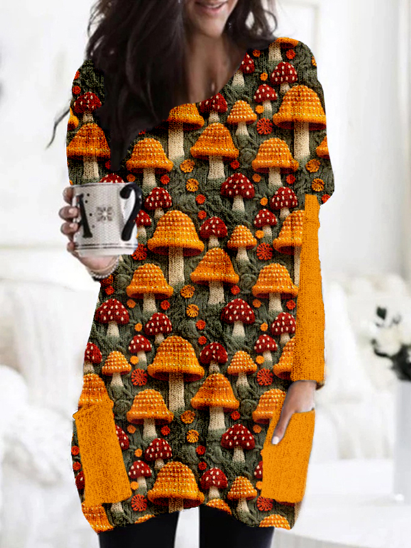 Floral Mushroom Embroidery Art Patch Pocket Comfy Tunic