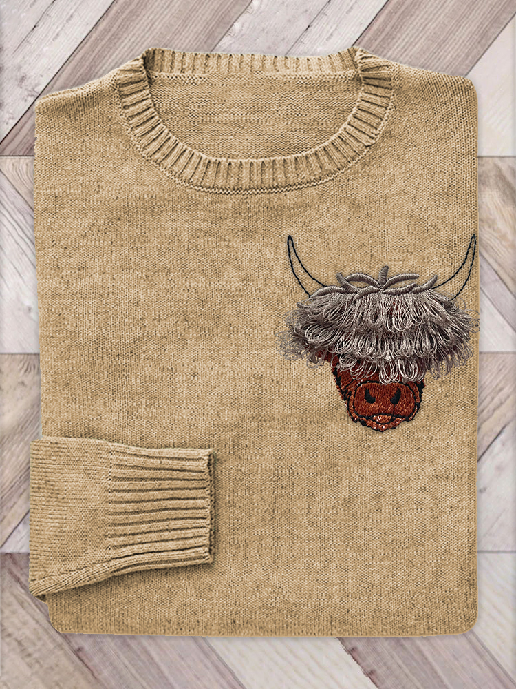 Vintage Highland Cow Embroidery Cozy Knit Sweater