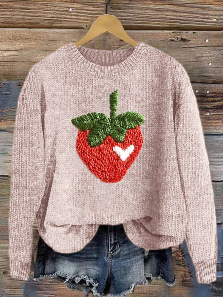 Strawberry Embroidery Pattern Cozy Knit Sweater