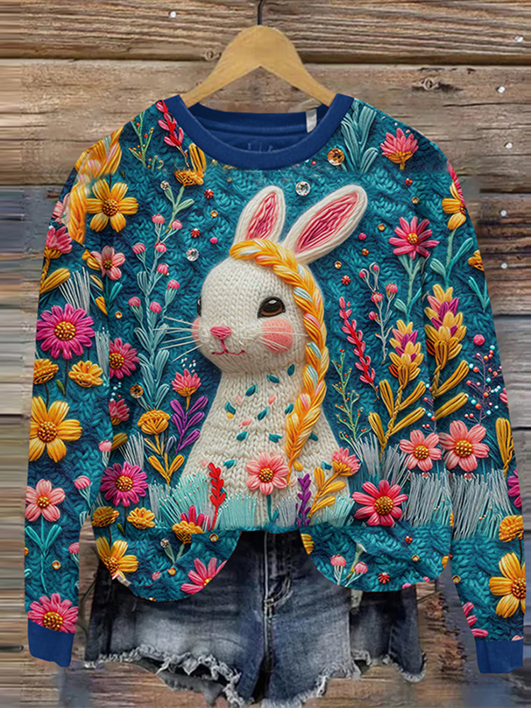 Women's Funny Bunny And Floral Print Casual Sweatshirt